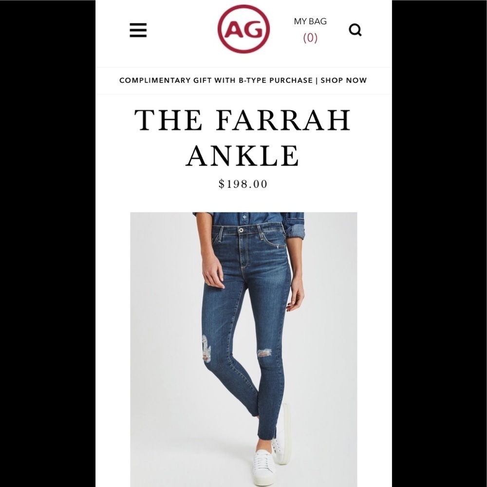 New AG Farrah distressed high rise skinny ankle 28